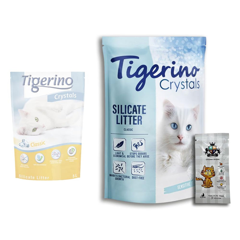 AETN Creations Tigerino Crystals Cat Litter Sensitive - 5L Cat Litter (Fragrance Free) plus AETN Creations Chicken Cat Treat, Ideal for Sensitive Cats