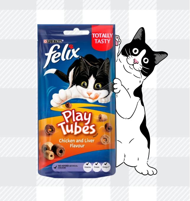 AETN Creations Felix Play Tubes Cat Treat Bundle Pack 8x50g Pouches Chicken and Liver Flavour plus AETN Chicken Stripes Treat Tasty Delicious Snack