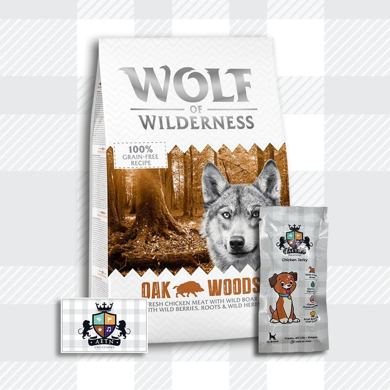 AETN Creations Wolf of Wilderness Oak Woods 1kg Dry Adult Food in Chicken and Wild Boar Protein, Grain-free Recipe with AETN Jerky Dog Treat