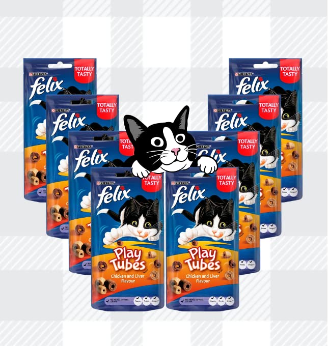 AETN Creations Felix Play Tubes Cat Treat Bundle Pack 8x50g Pouches Chicken and Liver Flavour plus AETN Chicken Stripes Treat Tasty Delicious Snack