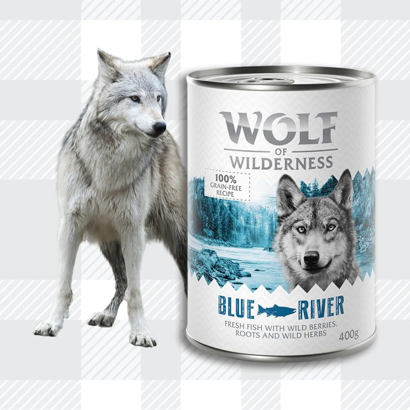 AETN Creations Wolf of Wilderness Blue River Wet Adult Dog Food 6x400g in Fish Flavour Protein, Grain-free Recipe with AETN Jerky Dog Treat