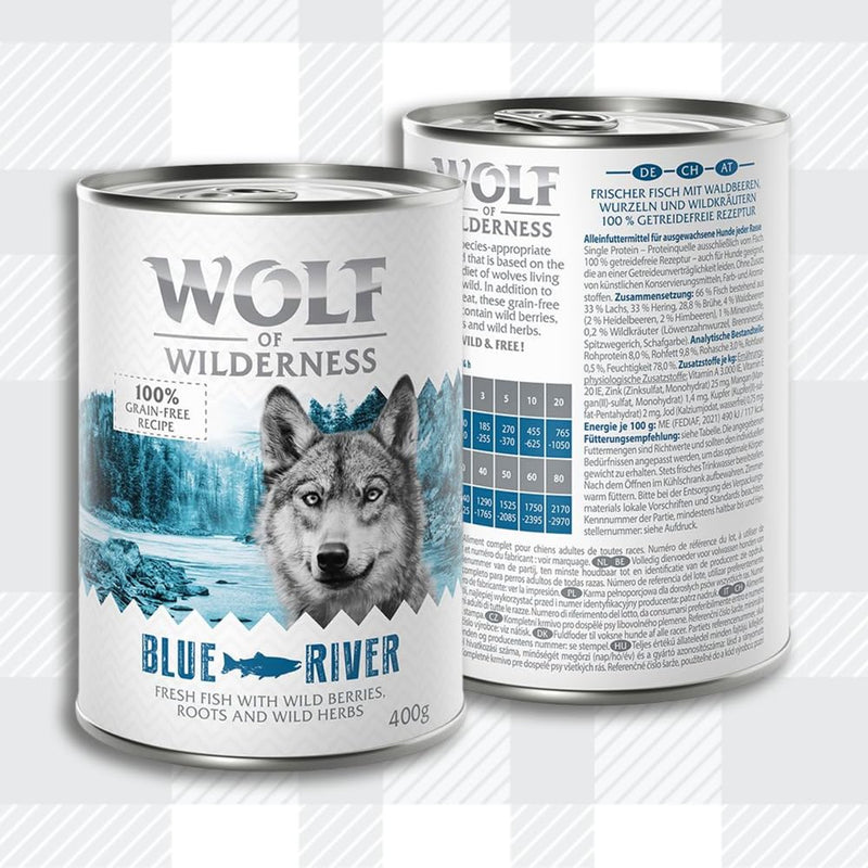 AETN Creations Wolf of Wilderness Blue River Wet Adult Dog Food 6x400g in Fish Flavour Protein, Grain-free Recipe with AETN Jerky Dog Treat