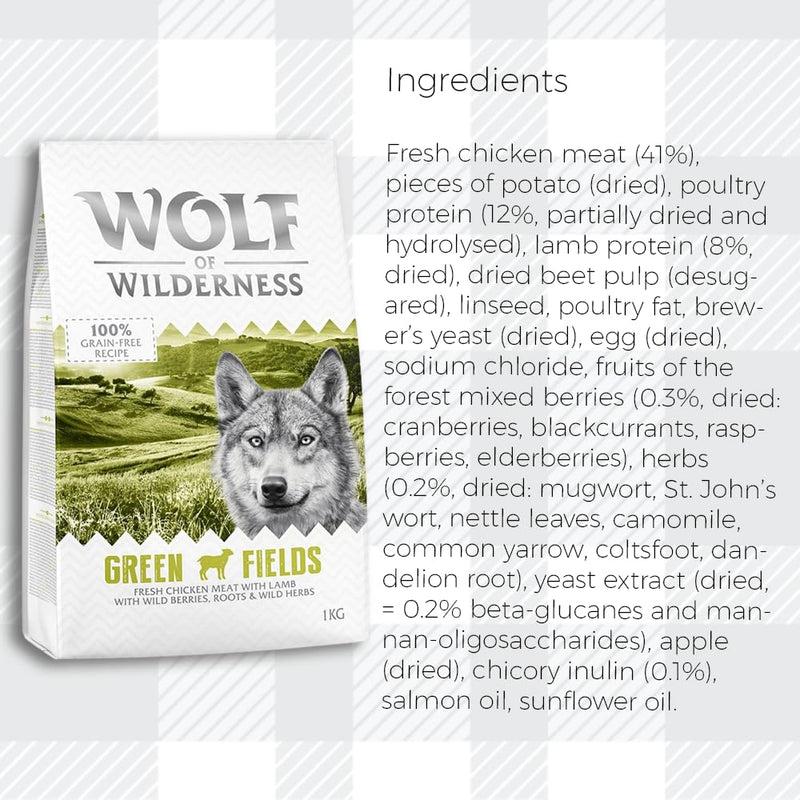 AETN Creations Wolf of Wilderness Adult Green Fields 1kg - Chicken and Lamb Flavour Grain-Free, Protein Dry Dog Food with AETN Jerky Treat