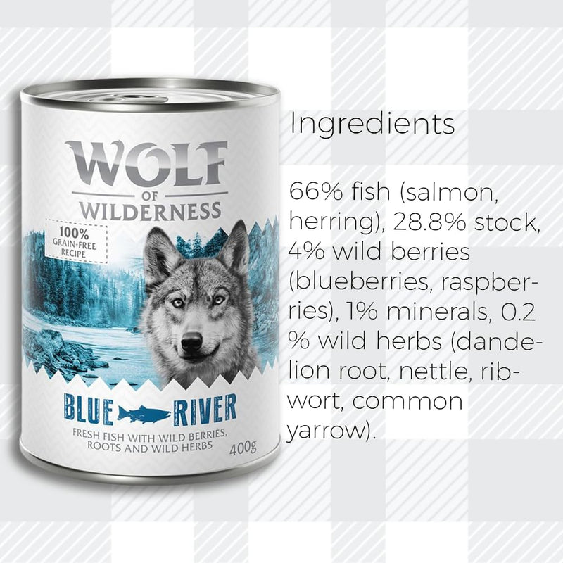 AETN Creations Wolf of Wilderness Blue River Wet Adult Dog Food 6x400g in Fish Flavour Protein, Grain-free Recipe with AETN Jerky Dog Treat