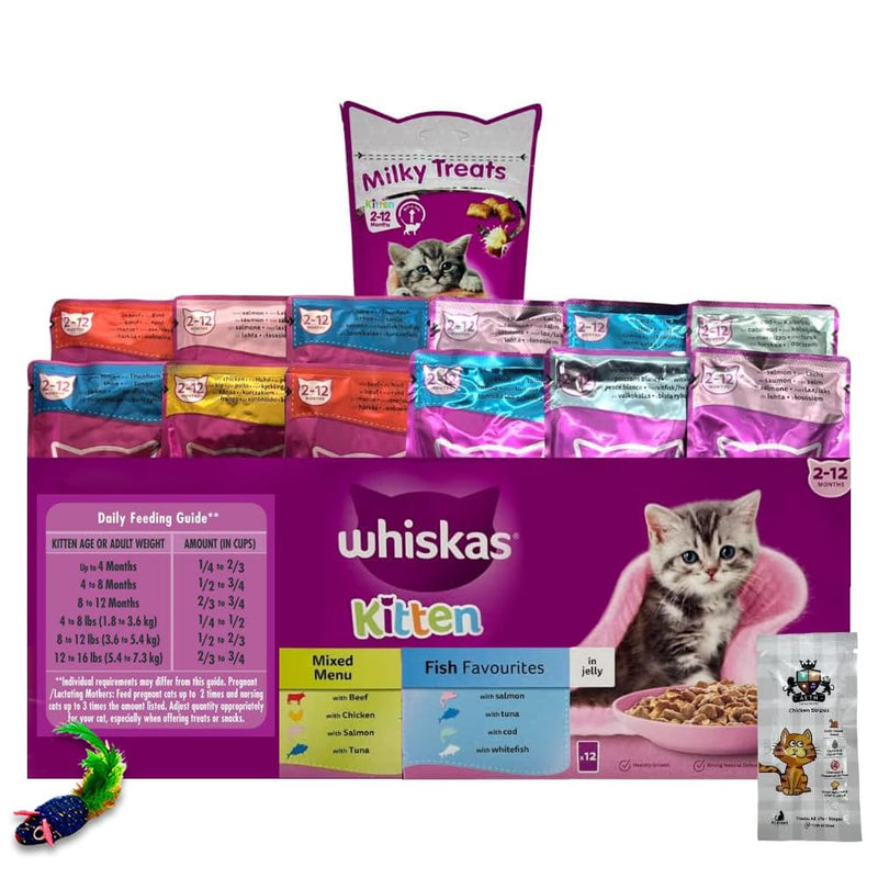 AETN Creations Whiskas Mixed Pack 6 Fish Flavour, 6 Mixed Menu for a Happy, Healthy Kitten with AETN Treat, Milky Treats and Toy, for Growing Kittens