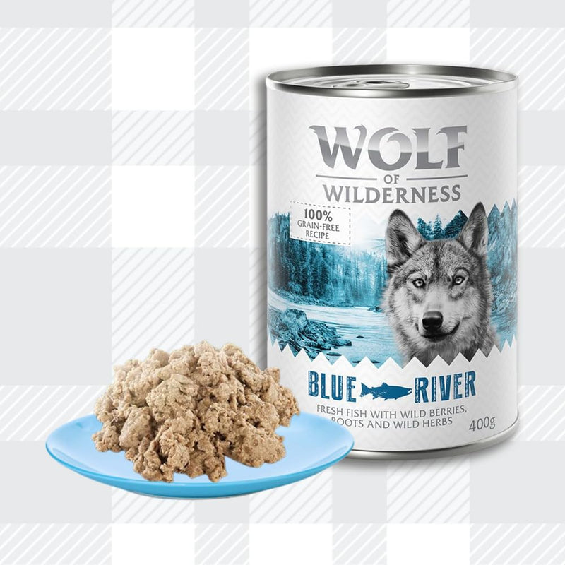 AETN Creations Wolf of Wilderness Blue River Wet Adult Dog Food 6x400g in Fish Flavour Protein, Grain-free Recipe with AETN Jerky Dog Treat