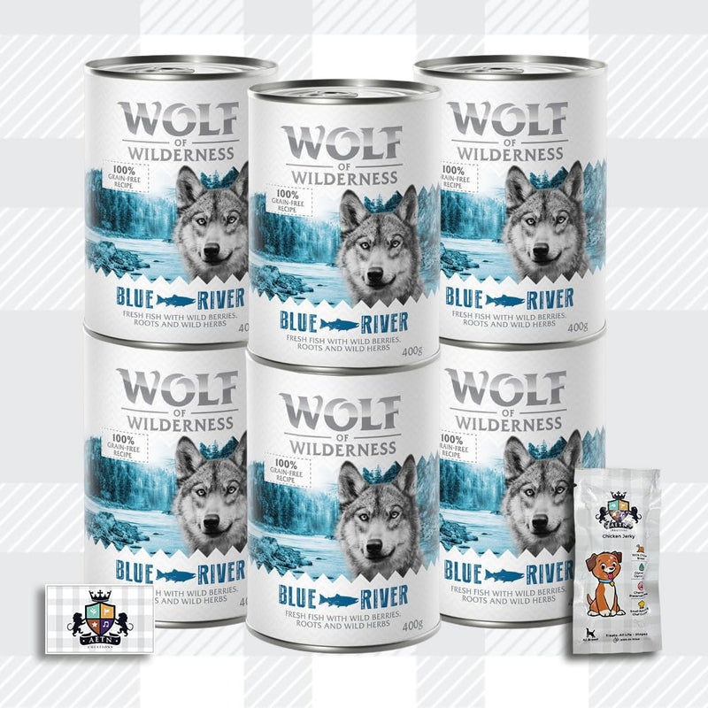 AETN Creations Wolf of Wilderness Blue River Wet Adult Dog Food 6x400g in Fish Flavour Protein, Grain-free Recipe with AETN Jerky Dog Treat