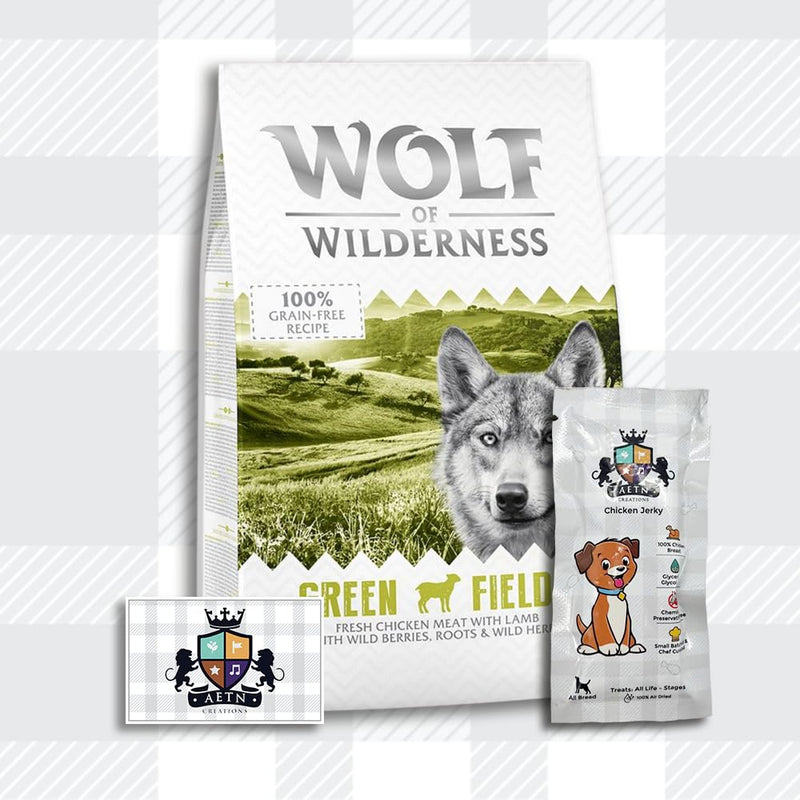 AETN Creations Wolf of Wilderness Adult Green Fields 1kg - Chicken and Lamb Flavour Grain-Free, Protein Dry Dog Food with AETN Jerky Treat