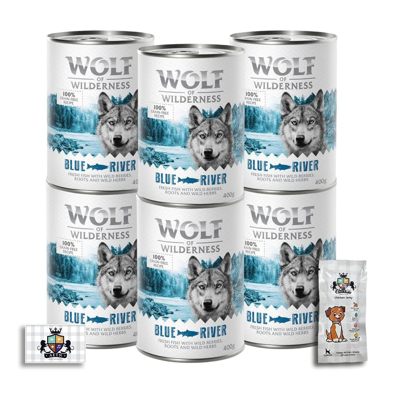 AETN Creations Wolf of Wilderness Blue River Wet Adult Dog Food 6x400g in Fish Flavour Protein, Grain-free Recipe with AETN Jerky Dog Treat