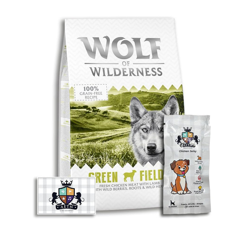 AETN Creations Wolf of Wilderness Adult Green Fields 1kg - Chicken and Lamb Flavour Grain-Free, Protein Dry Dog Food with AETN Jerky Treat