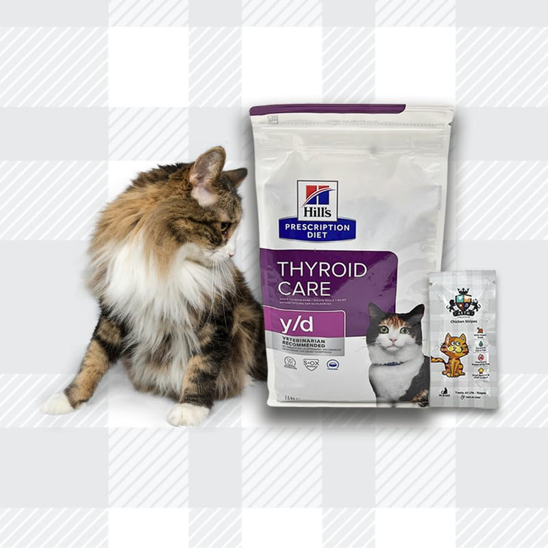 AETN Creations Y/D Thyroid Care Bundle 1.5kg Dry Cat Food plus AETN Creations Chicken Cat Treat, Dietetic Dry Food for Cats with Thyroid Problems