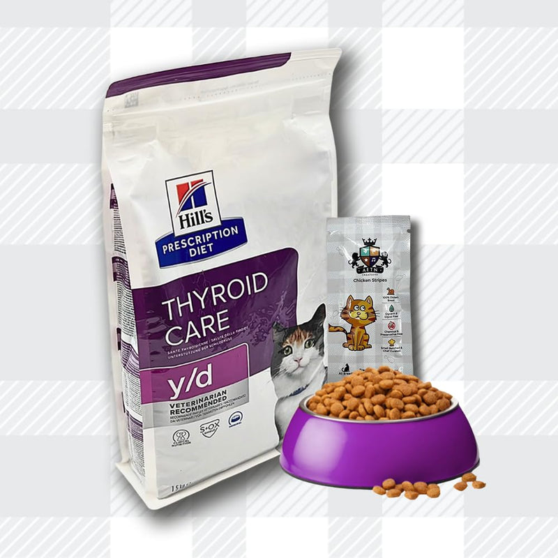 AETN Creations Y/D Thyroid Care Bundle 1.5kg Dry Cat Food plus AETN Creations Chicken Cat Treat, Dietetic Dry Food for Cats with Thyroid Problems