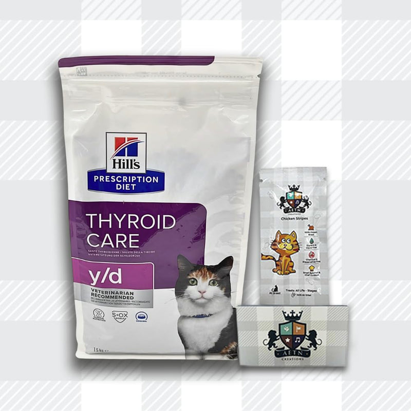 AETN Creations Y/D Thyroid Care Bundle 1.5kg Dry Cat Food plus AETN Creations Chicken Cat Treat, Dietetic Dry Food for Cats with Thyroid Problems