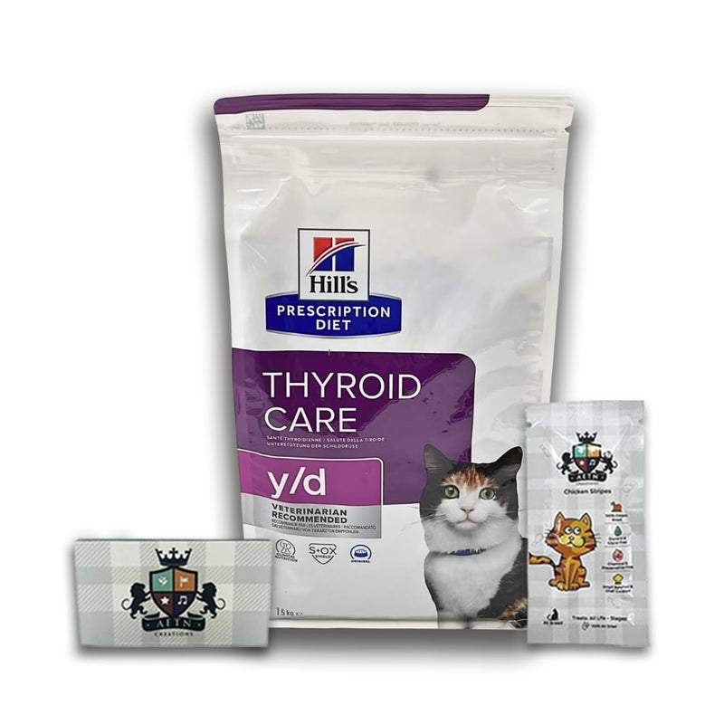 AETN Creations Y/D Thyroid Care Bundle 1.5kg Dry Cat Food plus AETN Creations Chicken Cat Treat, Dietetic Dry Food for Cats with Thyroid Problems