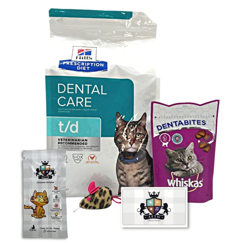 AETN Creations Support Cats Oral Health with Dry Dental Food Bundle T/D 1.5kg, Dentabites, Toy and AETN Chicken Treat