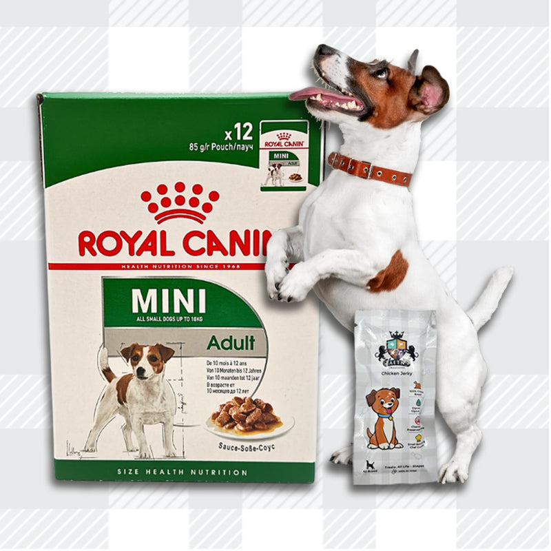 AETN Creations Royal Canin Mini Adult Wet Dog Food 12x85g plus Delicious AETN Jerky Dog Treat and Plush Toy