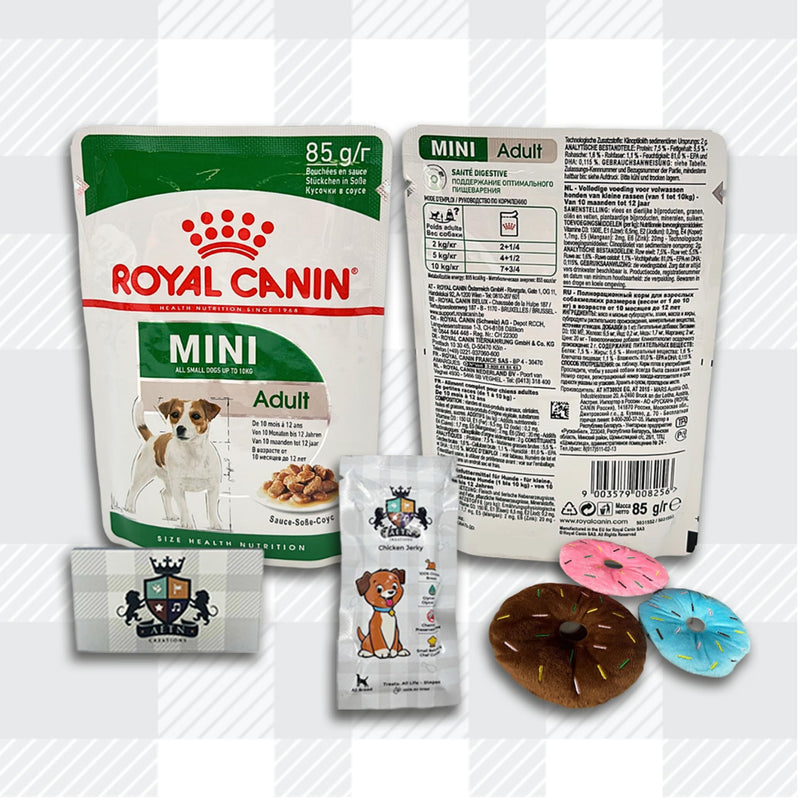 AETN Creations Royal Canin Mini Adult Wet Dog Food 12x85g plus Delicious AETN Jerky Dog Treat and Plush Toy