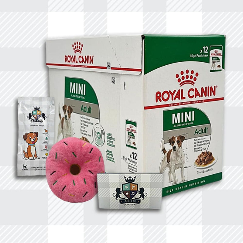 AETN Creations Royal Canin Mini Adult Wet Dog Food 12x85g plus Delicious AETN Jerky Dog Treat and Plush Toy