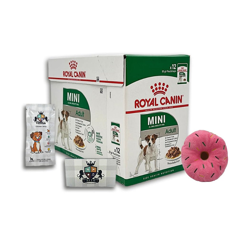 AETN Creations Royal Canin Mini Adult Wet Dog Food 12x85g plus Delicious AETN Jerky Dog Treat and Plush Toy