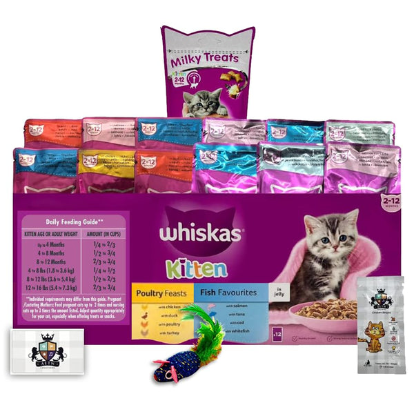 Whiskas Kitten Wet Mixed Pack 6 Fish 6 Poultry in Jelly with Milky Treats, Toy and Delicious AETN Creations Cat Treat, Perfect for Happy, Healthy, Growing Kittens