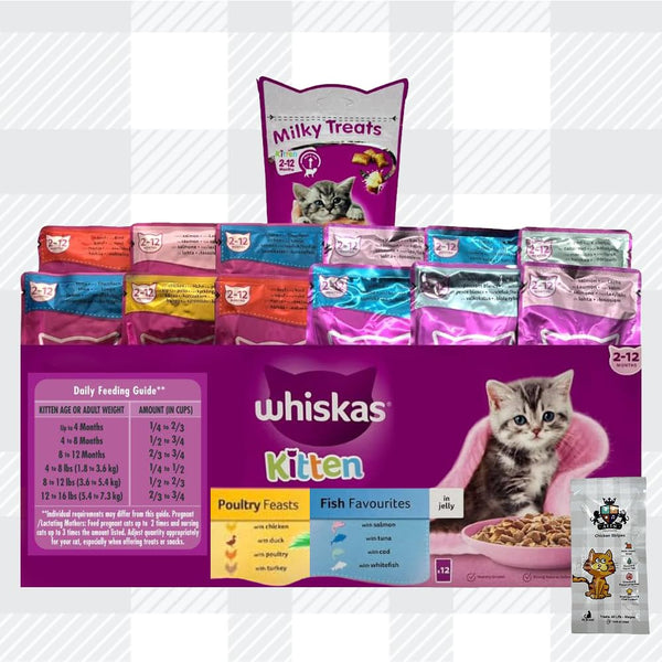 Whiskas Kitten Wet Mixed Pack 6 Fish 6 Poultry in Jelly with Milky Treats, Toy and Delicious AETN Creations Cat Treat, Perfect for Happy, Healthy, Growing Kittens