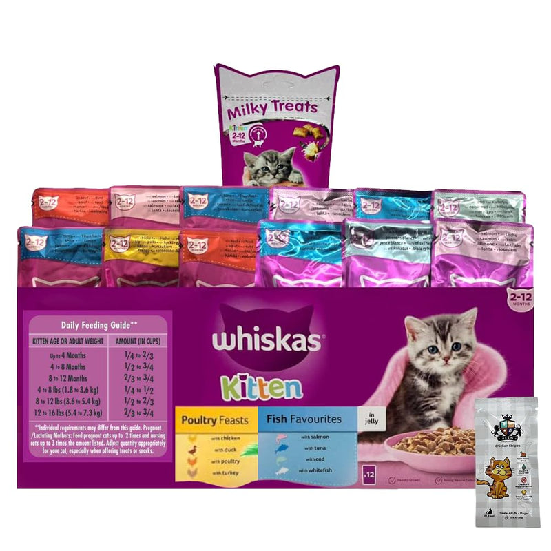 Whiskas Kitten Wet Mixed Pack 6 Fish 6 Poultry in Jelly with Milky Treats, Toy and Delicious AETN Creations Cat Treat, Perfect for Happy, Healthy, Growing Kittens