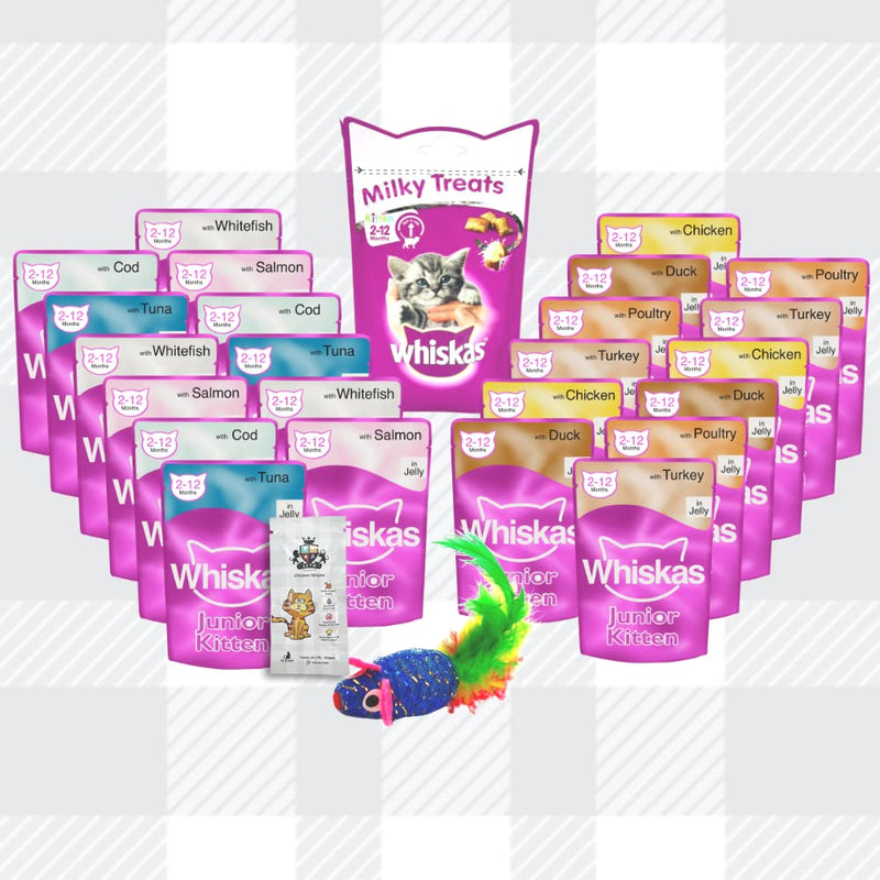 AETN Creations Whiskas Kitten Wet Mixed Pack 12 Ocean Fish and 12 Poultry Feasts in Jelly with Milky Bites, Toy and AETN Cat Treat, Perfect for Growing Kittens