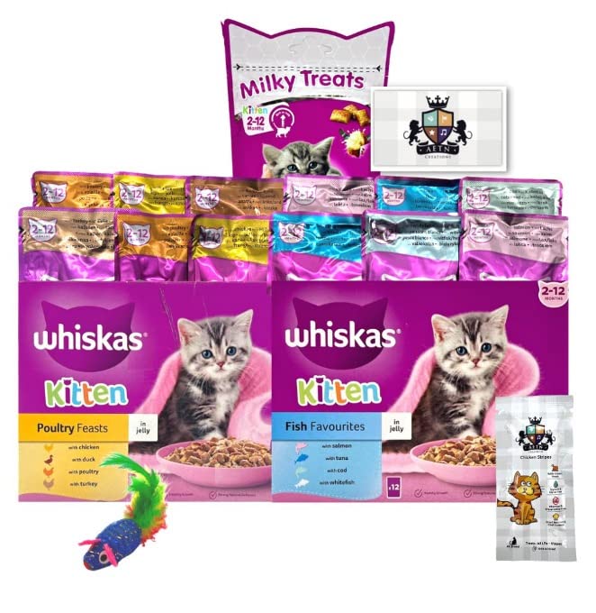 AETN Creations Whiskas Kitten Wet Mixed Pack 12 Ocean Fish and 12 Poultry Feasts in Jelly with Milky Bites, Toy and AETN Cat Treat, Perfect for Growing Kittens