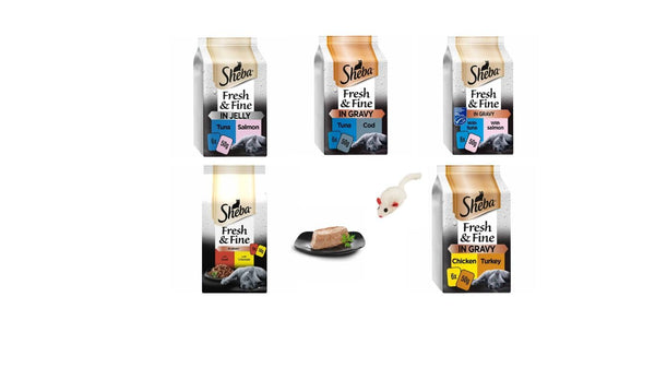 Variety SHEBA Fresh & Fine Wet Cat Food Mixed Pack (30pc x 50g)Beef-Chicken-Turkey-Tuna-Salmon-Cod(Jelly & Gravy) and free pate 1x37g + 1 MAD MICE