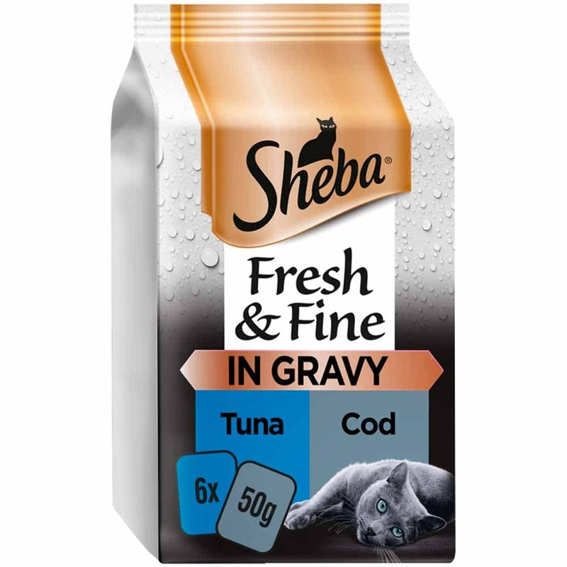 Variety SHEBA Fresh & Fine Wet Cat Food Mixed Pack (30pc x 50g)Beef-Chicken-Turkey-Tuna-Salmon-Cod(Jelly & Gravy) and free pate 1x37g + 1 MAD MICE