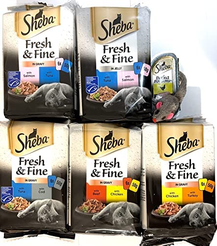 Variety SHEBA Fresh & Fine Wet Cat Food Mixed Pack (30pc x 50g)Beef-Chicken-Turkey-Tuna-Salmon-Cod(Jelly & Gravy) and free pate 1x37g + 1 MAD MICE