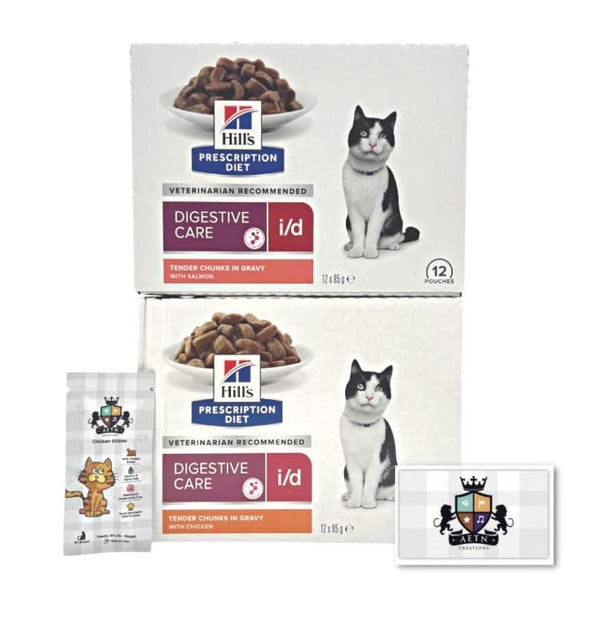 AETN Creations Hills I/D Digestive Wet Cat Food 2x12x85g Salmon and Chicken in Gravy, Promotes Optimal Digestive Health in Cats Plus AETN Treat