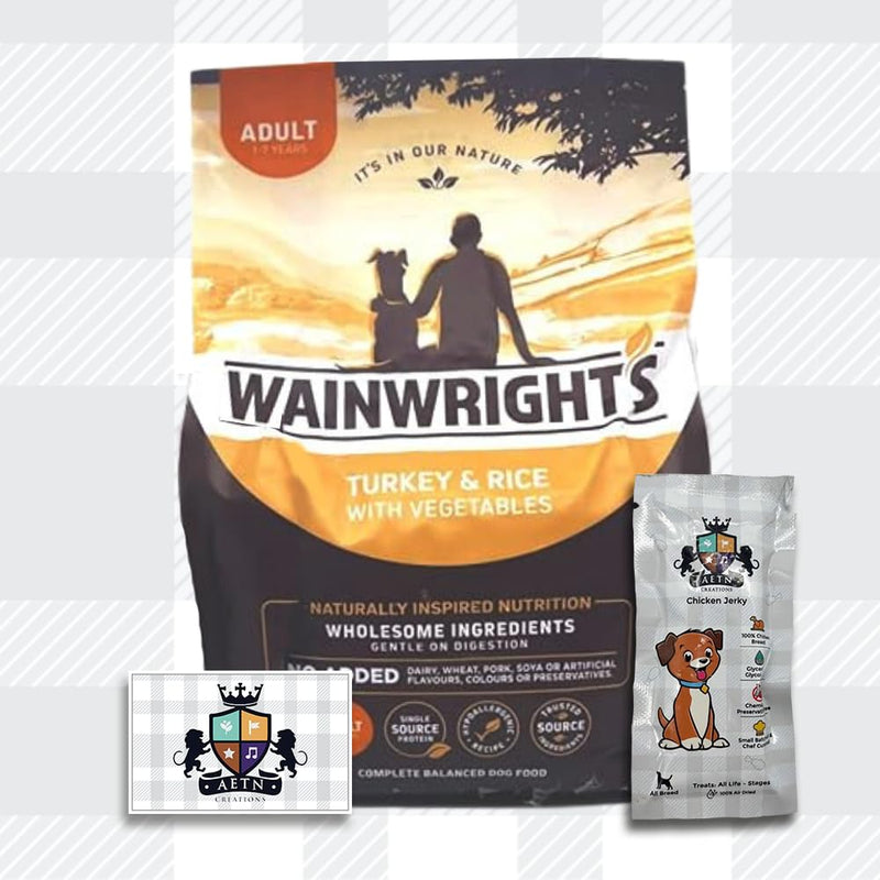 AETN Creations Wainwright's Complete Dry Adult Dog Food 2kg Turkey with Rice for Optimal Health and Balanced Nutrition with AETN Chicken Jerky Treat