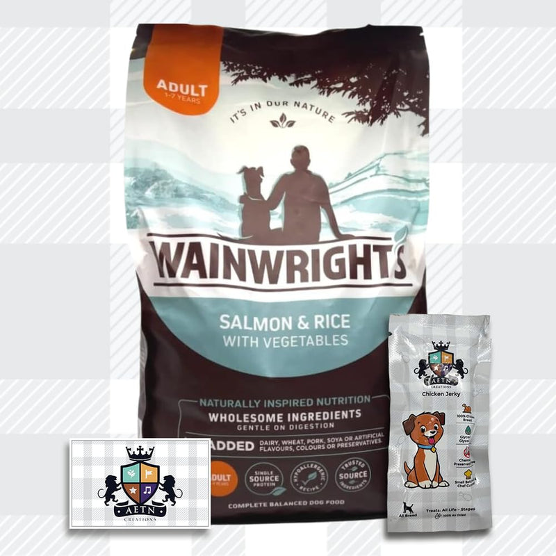 AETN Creations Wainwright's Complete Dry Adult Dog Food Salmon with Rice 2kg Nutrient Packed for Canine Wellness with AETN Chicken Jerky Treat