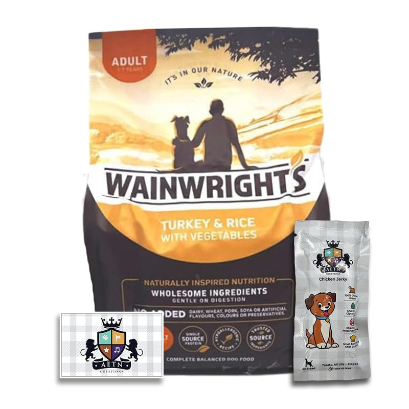 AETN Creations Wainwright's Complete Dry Adult Dog Food 2kg Turkey with Rice for Optimal Health and Balanced Nutrition with AETN Chicken Jerky Treat