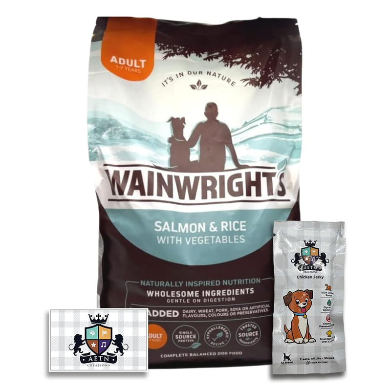 AETN Creations Wainwright's Complete Dry Adult Dog Food Salmon with Rice 2kg Nutrient Packed for Canine Wellness with AETN Chicken Jerky Treat