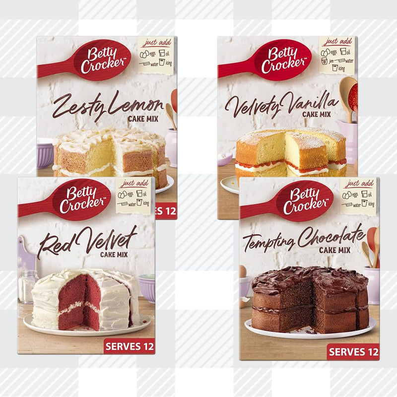 AETN Creations Elevate Baking with Betty Crocker Cake Mix Bundle Pack 4x425g Vanilla, Chocolate, Red Velvet and Lemon with AETN Wooden Spoon and Fridge Magnet