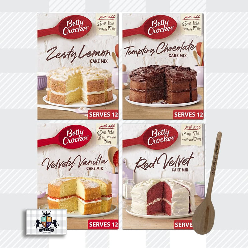 AETN Creations Elevate Baking with Betty Crocker Cake Mix Bundle Pack 4x425g Vanilla, Chocolate, Red Velvet and Lemon with AETN Wooden Spoon and Fridge Magnet