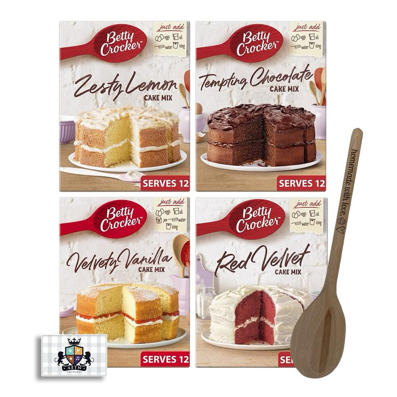 AETN Creations Elevate Baking with Betty Crocker Cake Mix Bundle Pack 4x425g Vanilla, Chocolate, Red Velvet and Lemon with AETN Wooden Spoon and Fridge Magnet