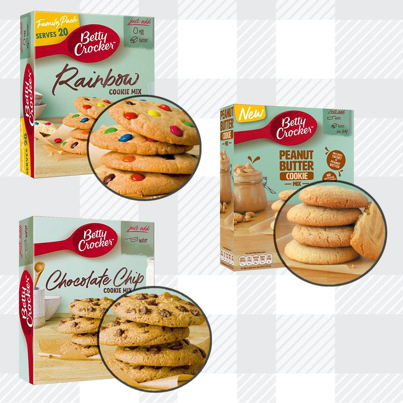 AETN Creations Irresistible Homemade Cookies with Betty Crocker Cookie Mix Pack - Easy Baking Delights in Chocolate Chip, Rainbow and Peanut Butter Flavours with AETN Fridge Magnet