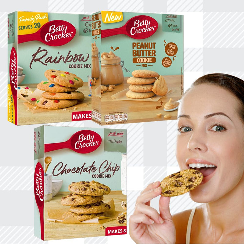 AETN Creations Irresistible Homemade Cookies with Betty Crocker Cookie Mix Pack - Easy Baking Delights in Chocolate Chip, Rainbow and Peanut Butter Flavours with AETN Fridge Magnet