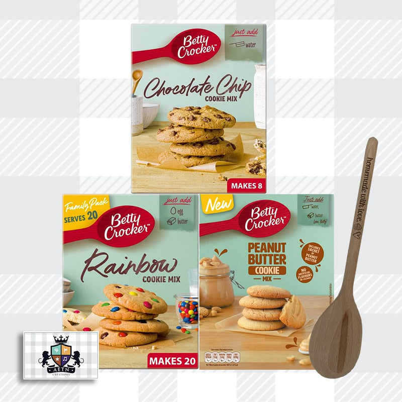 AETN Creations Irresistible Homemade Cookies with Betty Crocker Cookie Mix Pack - Easy Baking Delights in Chocolate Chip, Rainbow and Peanut Butter Flavours with AETN Fridge Magnet