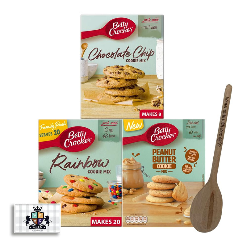 AETN Creations Irresistible Homemade Cookies with Betty Crocker Cookie Mix Pack - Easy Baking Delights in Chocolate Chip, Rainbow and Peanut Butter Flavours with AETN Fridge Magnet