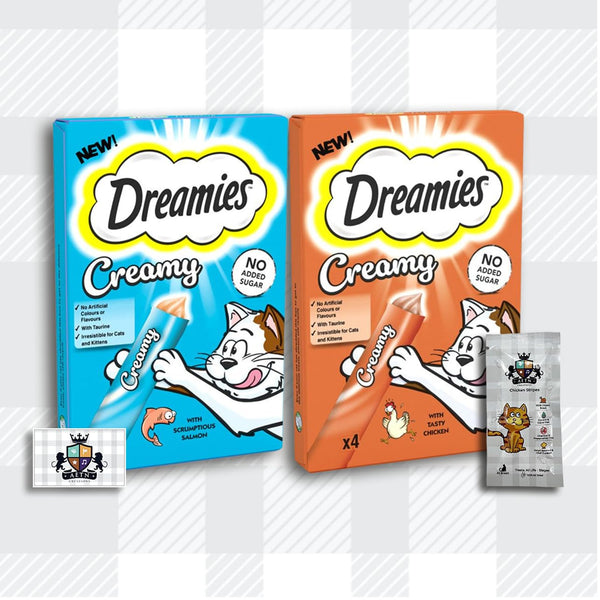 AETN Creations Dreamies Creamy Snacks Bundle of Salmon and Chicken Supplementary Food for Kittens and Adult Cats with AETN Cat Treat