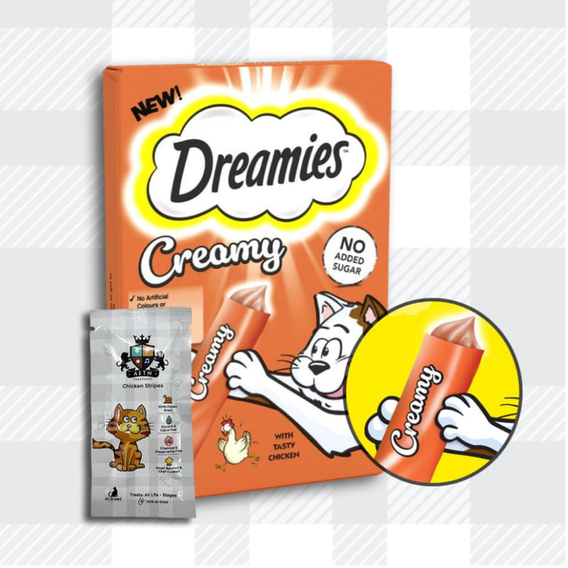 AETN Creations Dreamies Creamy Snacks Bundle of Salmon and Chicken Supplementary Food for Kittens and Adult Cats with AETN Cat Treat