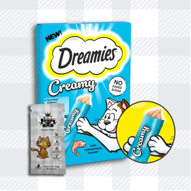 AETN Creations Dreamies Creamy Snacks Bundle of Salmon and Chicken Supplementary Food for Kittens and Adult Cats with AETN Cat Treat