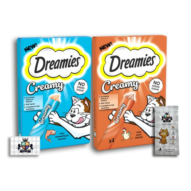 AETN Creations Dreamies Creamy Snacks Bundle of Salmon and Chicken Supplementary Food for Kittens and Adult Cats with AETN Cat Treat