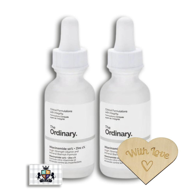 AETN Creations The Ordinary Skincare Bundle 2x30ml Niacinamide 10% + Zinc 1% High Strength Vitamin and Mineral Blemish Formula with AETN Keepsake Heart Gift