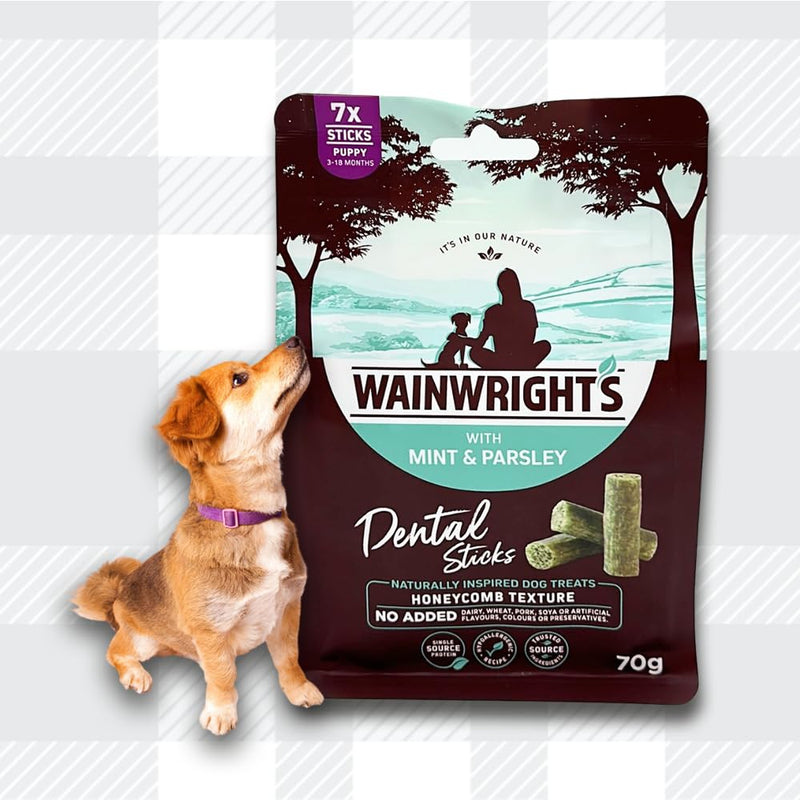 AETN Creations Wainwright's Puppy Dental Sticks 70g with Mint and Parsley Pack plus AETN Jerky Dog Treat, Promotes Healthy Teeth and Gums in Growing Puppies