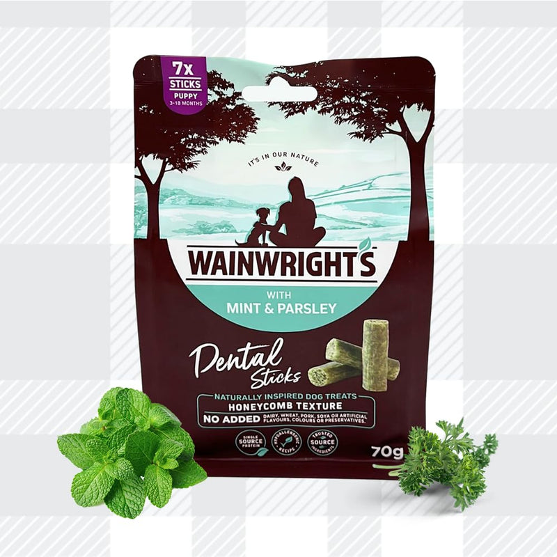 AETN Creations Wainwright's Puppy Dental Sticks 70g with Mint and Parsley Pack plus AETN Jerky Dog Treat, Promotes Healthy Teeth and Gums in Growing Puppies